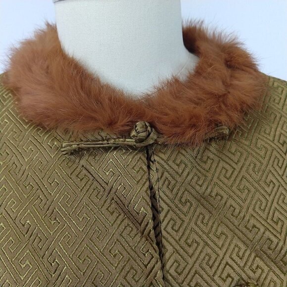 Vintage Asian Bronze Jacket Size S M Art To Wear Frog Clasp Fur Collar Kenki - Picture 9 of 10